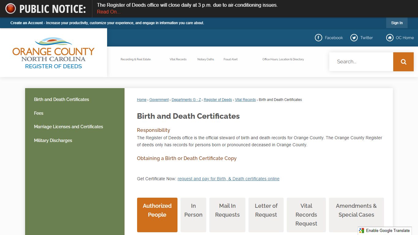 Birth and Death Certificates | Orange County, NC